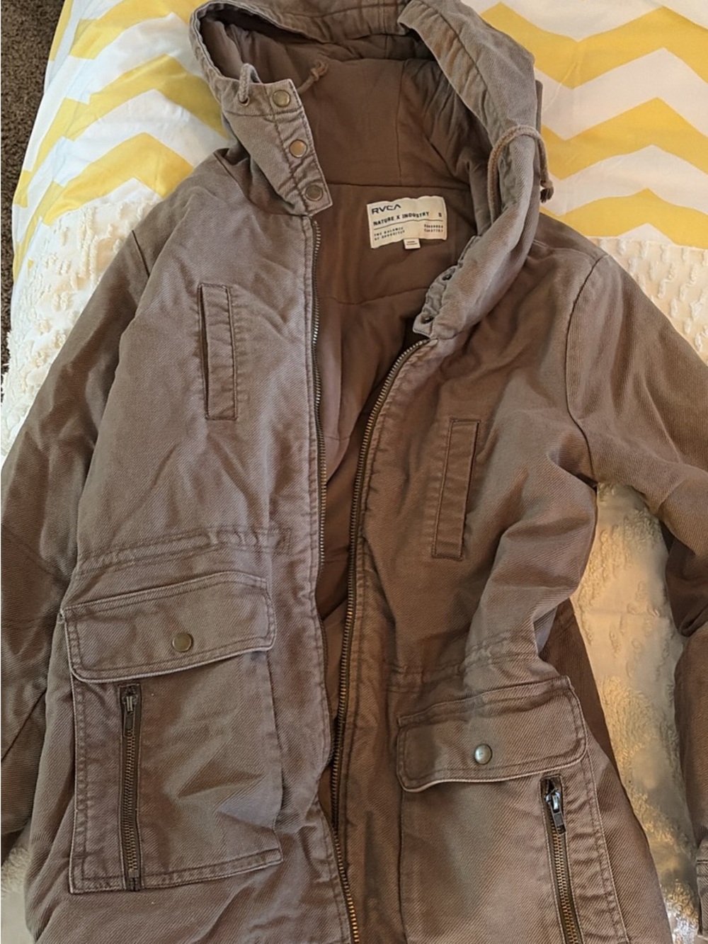 RVCA Kids Hooded Utility Puffer Jacket in Taupe Brown